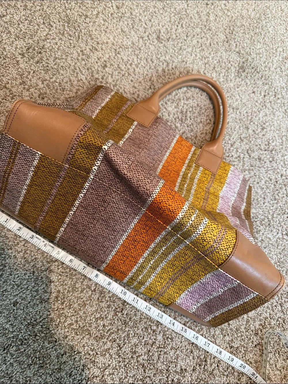 Tory Burch Striped Multicolor Canvas Tote with Tan Leather Trim